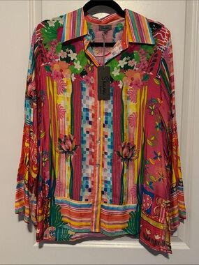 Shana Vibrant Floral-Print Button Front Blouse - Pink Multicolor
